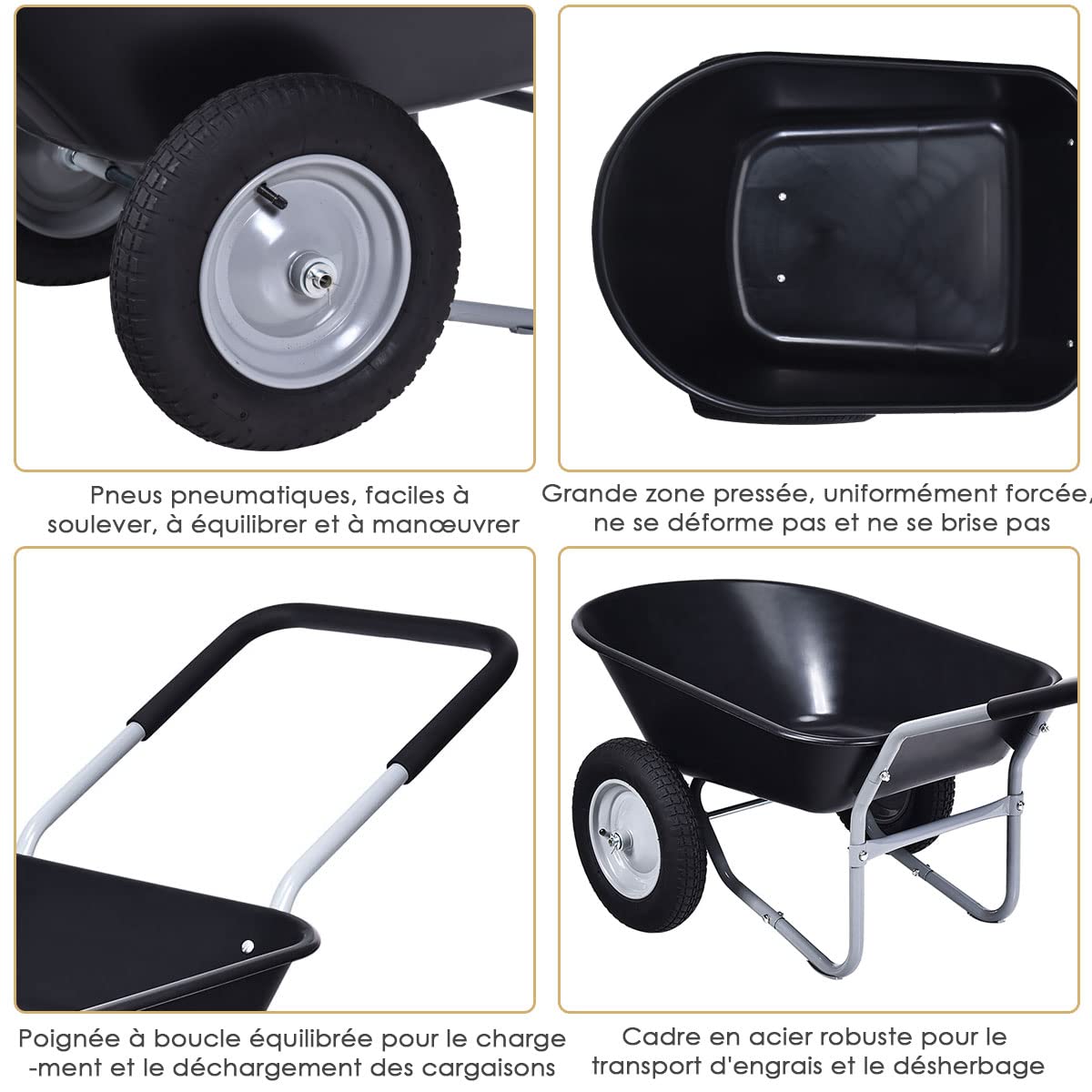 GOPLUS Brouette Jardin à 2 Roues pour Jardinage, Chariot de Jardin 75L Charge 100kg, Chariot de Jardin avec Poignée, Cadre en Fer 140x65x65CM(Noir)