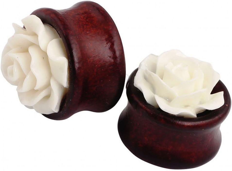 IPINK- Natural Bamboo Wood Hollow Ear Plug White Rose Flower Ear Tunnels