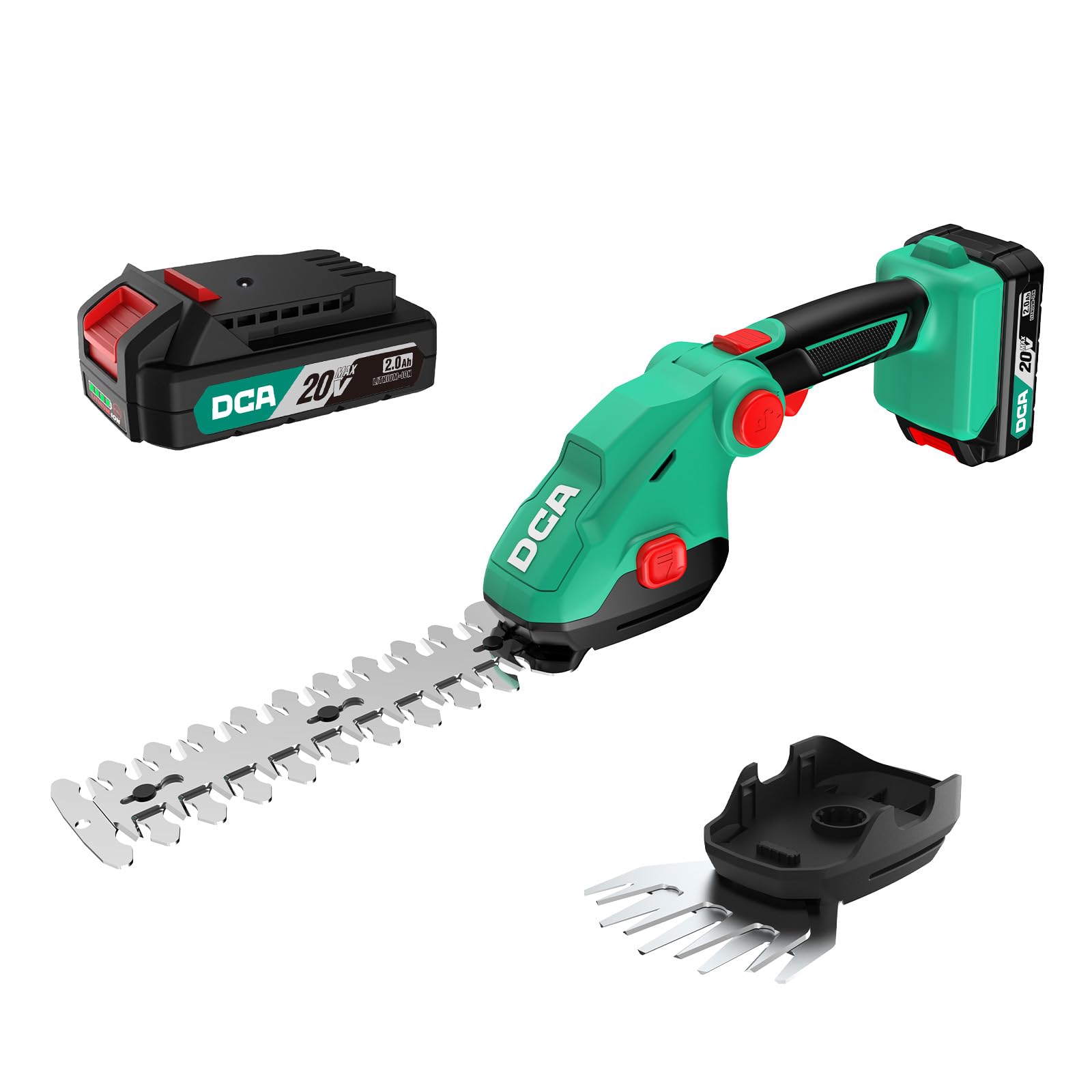 DCA 20V Akku Grasschere und Strauchschere 2-in-1 Rasenkantenschneider | 100mm Grasscherenblatt & 200mm Heckenscherenblatt, 2.0Ah Akku, 3-fach verstellbarer Schneidwinkel