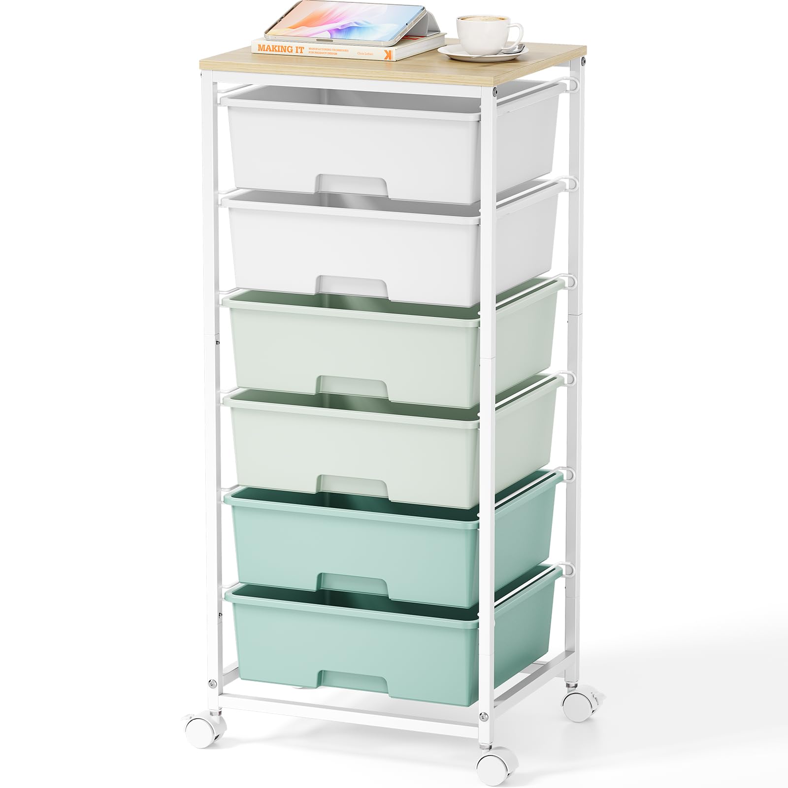 Rollwagen mit 6 Schubladen, Kunststoff, Rollwagen, Rollwagen auf Rädern mit Holztischplatte für Zuhause, Büro, Klassenzimmer, Make-up, Kunstbedarf, Aufbewahrungswagen, Schubladenwagen, Grün