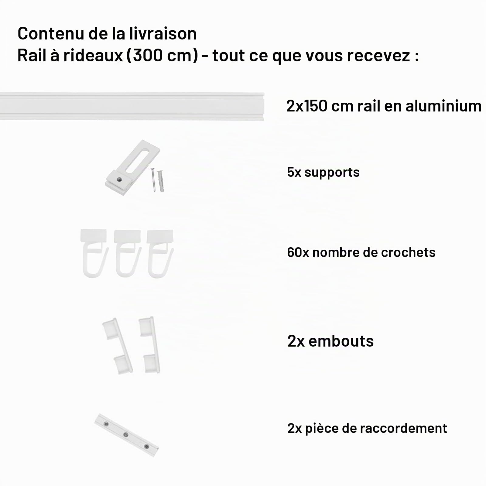 MDEKOR rail de rideau en aluminium 300 cm, 2-en-1 simple/double, montage au plafond, blanc, ensemble complet avec glissières, crochets et supports métalliques, silencieux