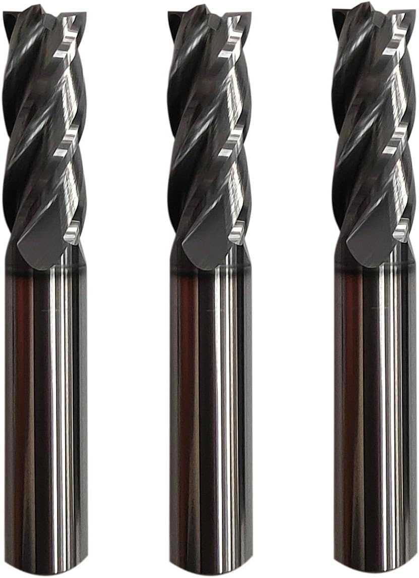 3pcs 3/8" Carbide Square End Mill for Steels, HRC 55 Deg, 4 Flute, AlTiN Coating End Mill Bits for Milling Alloy Steels, Hardened Steel, Metal & More