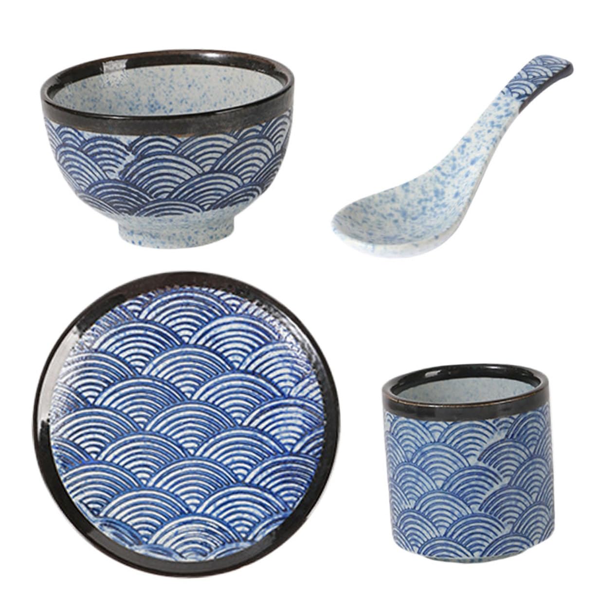 Service Vaisselle Céramique Japonerie à Motif Ondulations, 1 Set 4 Pièces