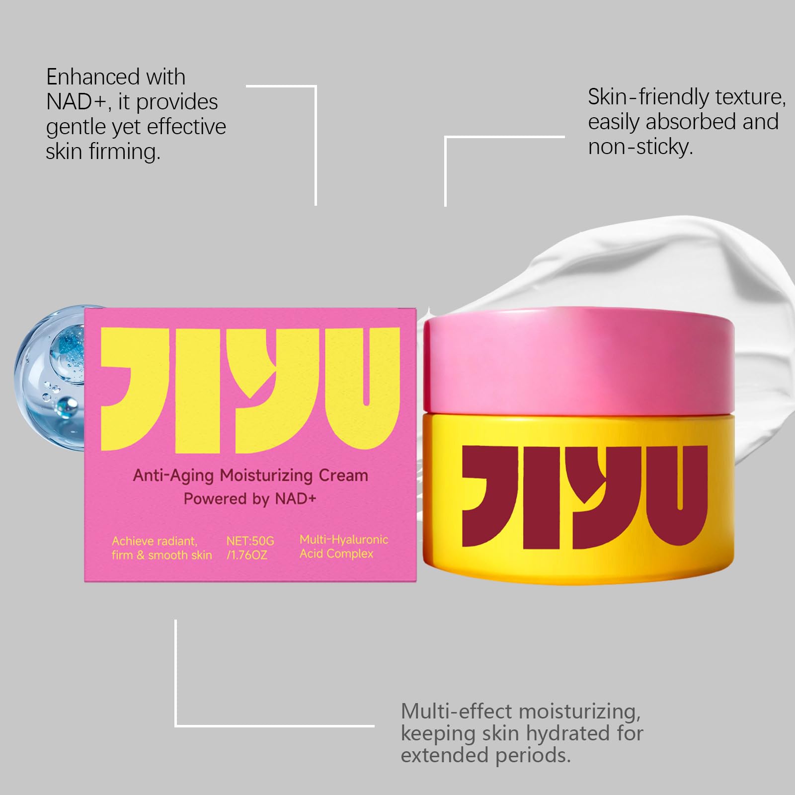 Crema Hidratante Antiedad Jiyu (50 g) – Contiene NAD+ y un complejo de ácido hialurónico. Crema facial hidratante y reafirmante para una piel radiante y suave.