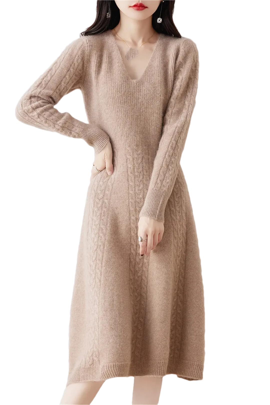 Maglione da donna in lana ispessito vestito pieghettato fiori tinta unita maglioni lunghi