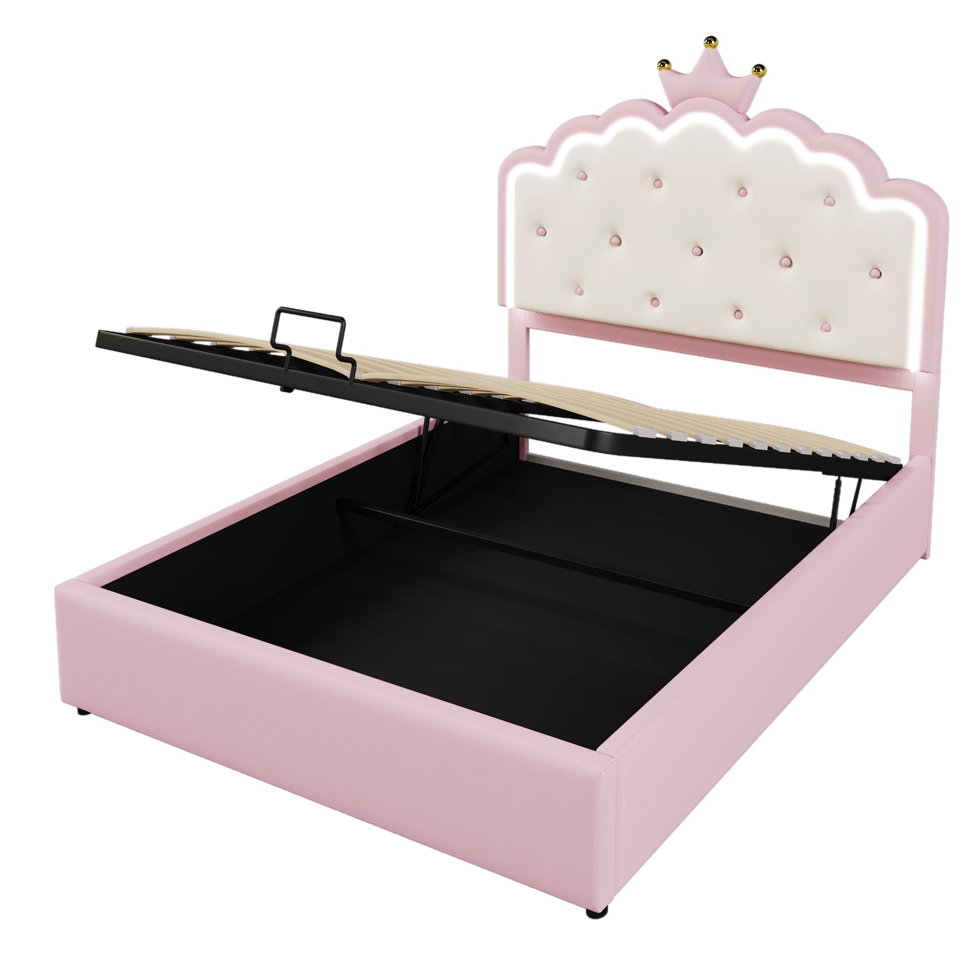 Cama tapizada con somier (sin colchón), luz ambiental teledirigida, forma de princesa heredera, almacenamiento hidráulico, material PU, rosa (140 x 200 cm)