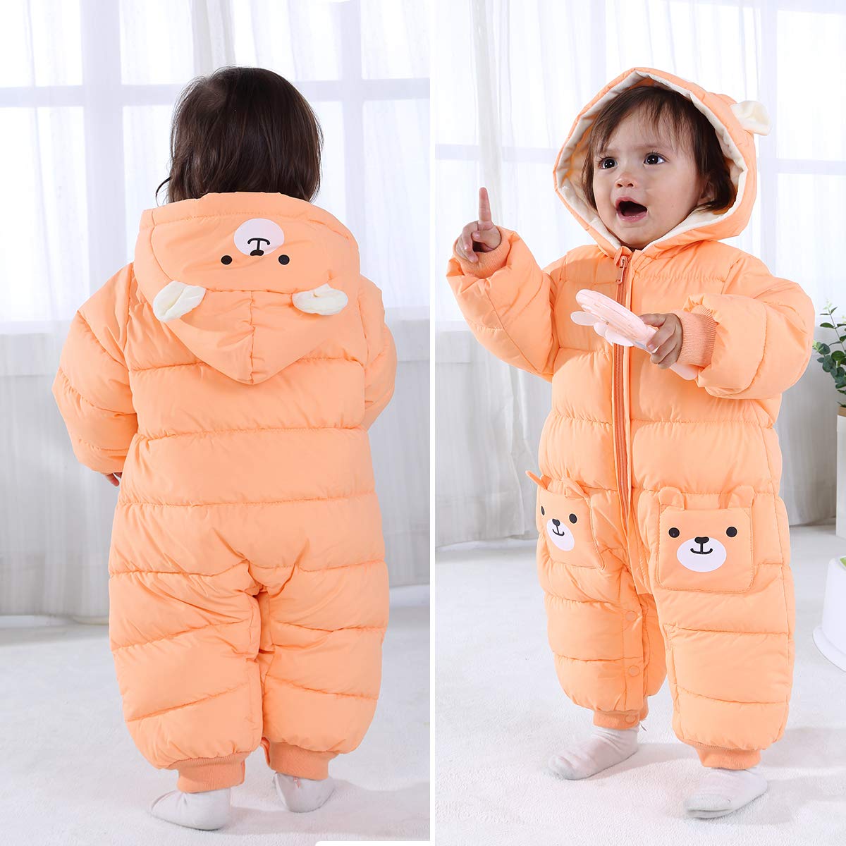 Bébé Barboteuse à Capuche Hiver Grenouillères Jumpsuit Garçons Filles Manche longue Vêtement Cadeau 0-6 mois,Orange