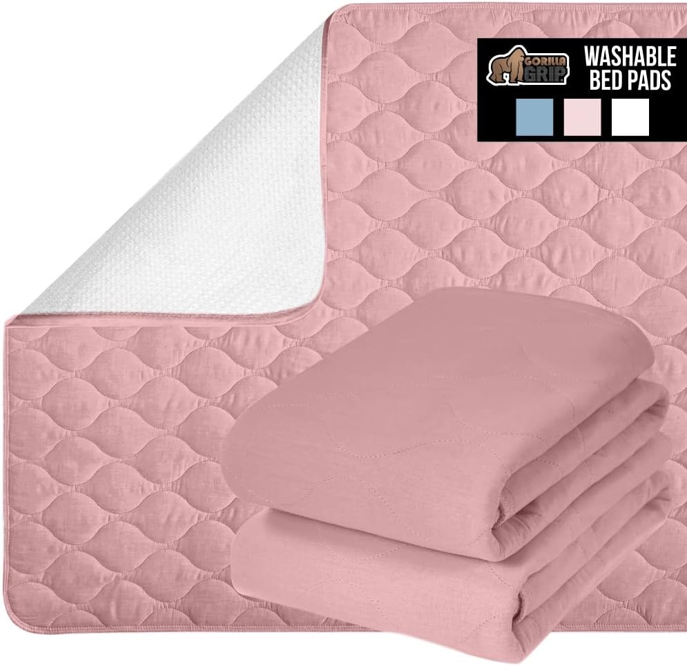 Gorilla Grip Washable and Reusable Underpads, Absorbent Leak Proof Bed Incontinence Pads, 34x36 2 Pack, Slip Resistant Bedwetting Pad Protector Absorbs up to 4 Cups for Bedwetting, Adults, Kids, Pink