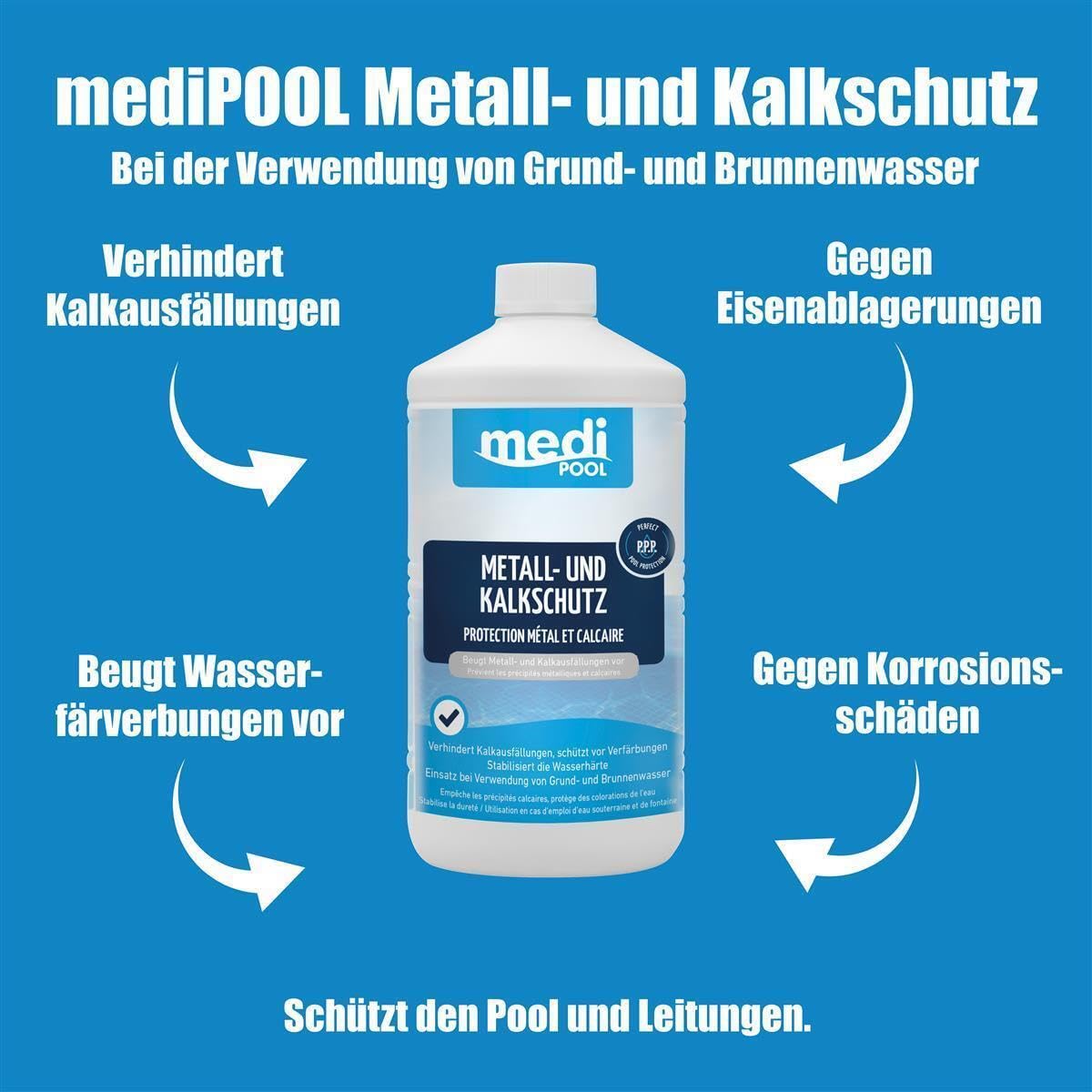 Medipool Metall- und Kalkschutz 3X 1 L, bei Verwendung von Grund- und Brunnenwasser, schützt den Pool und Leitungen, gegen Kalkausfällungen, Ablagerungen und Korrosionsschäden
