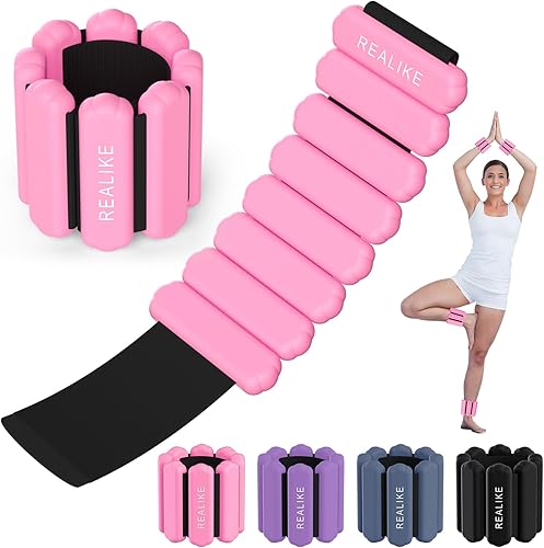 REALIKE Pesas de muñeca y tobillo para mujer, juego de 2 pesas ajustables de silicona (1 libra cada una) para caminar, yoga, pilates, aeróbicos,
