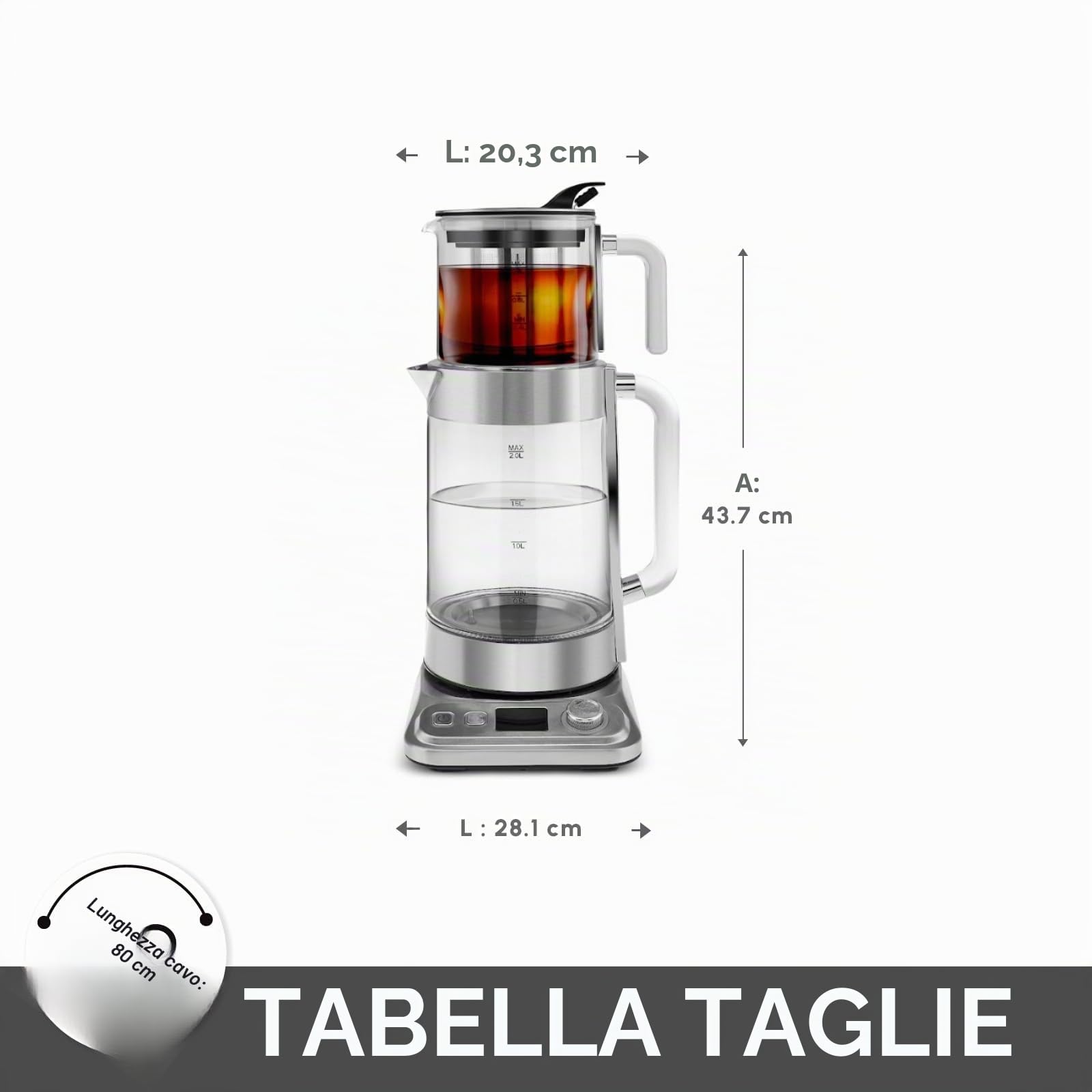 Karaca X Refika XL - Bollitore automatico per tè e caydanlik, 2 l, teiera in vetro da 0,8 l, multi-temperatura, modalità eco, 2200 W, macchina da tè per famiglia e ospiti, cromato
