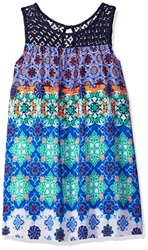 My Michelle Girls' Big Contrast Crochet Yoke Printed Trapeze Dress with Keyhole
