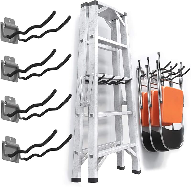 Garage Tool Organizer Hooks, 4-Pack Heavy-Duty 12" Steel Wave Hooks | Wall Mount Garage Storage Utility Hook for Car Tires, Ladder, Chairs, Power tools, Garden tools