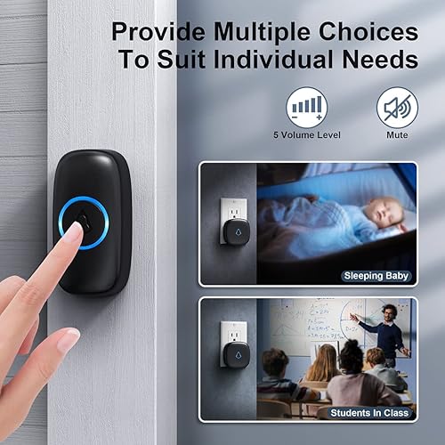 Miniatura 7 de SECRUI Timbre inalámbrico con 2 receptores, 2 botones pulsadores, fácil instalación, volumen ajustable, 58 campanadas, LED colorido, rango de 1000