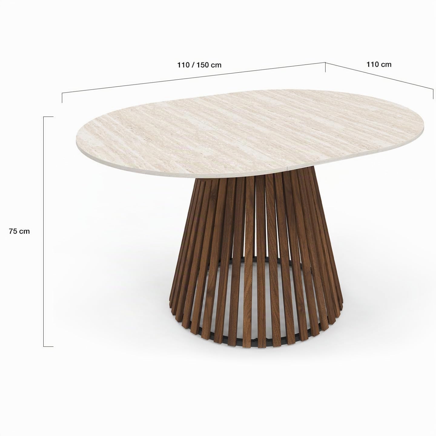IDMarket - Esstisch, ausziehbar, rund, Carmen, 4-8 Personen, Fuß aus Nussbaum, Latten, Platte mit Travertin-Effekt, 110 – 150 cm