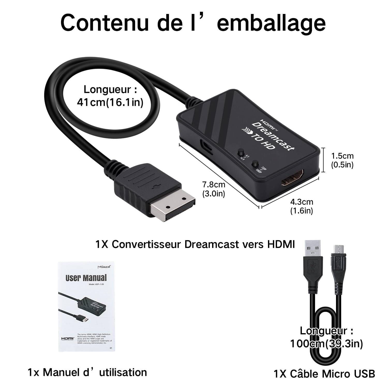 Mcbazel Adaptateur Sega Dreamcast vers HDMI, Accessoires de Jeux Vidéo Convertisseur HDMI Câble D'interface Multimédia HD pour Console Sega Dreamcast