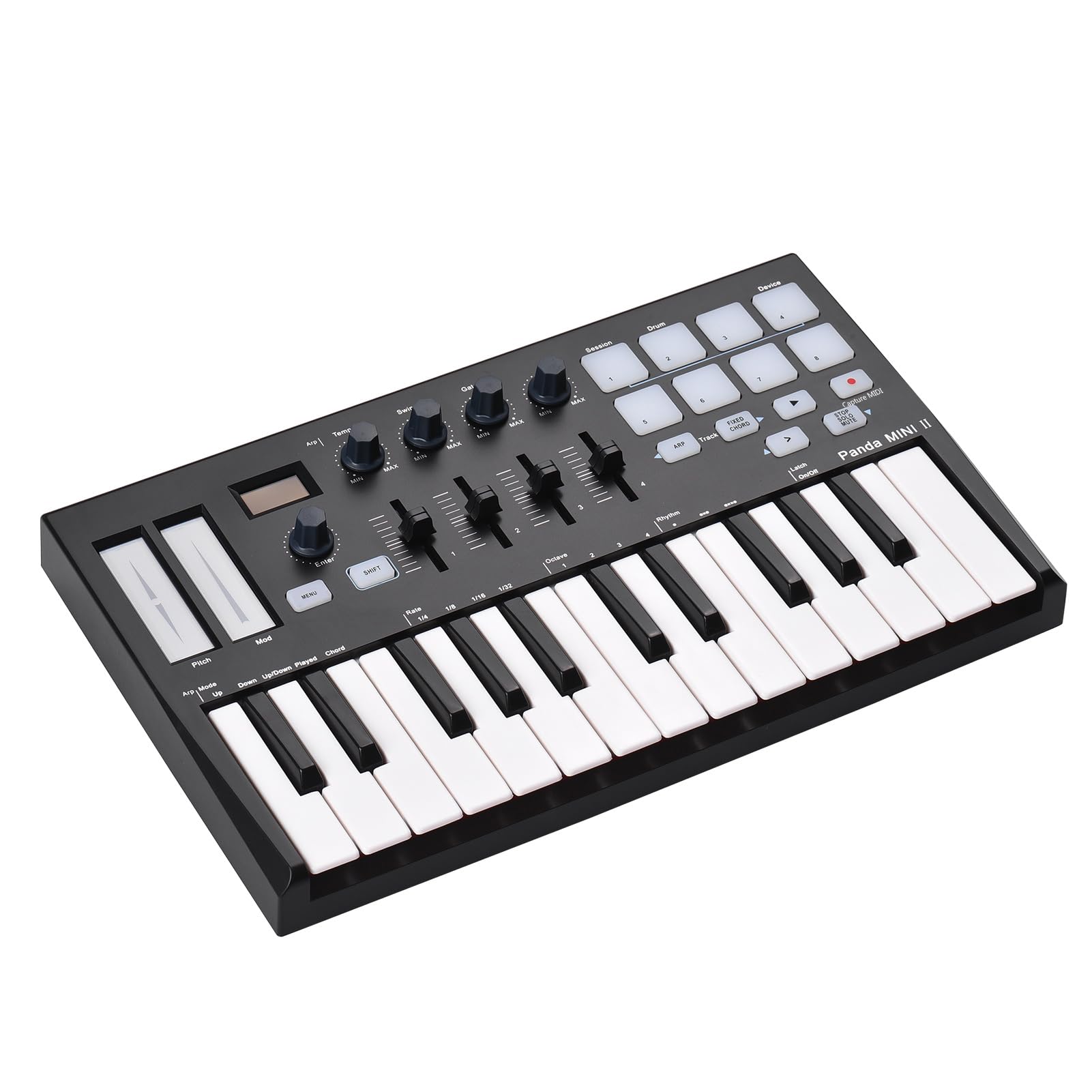 WORLDE Panda MINI II Tastiera Controller MIDI USB Portatile a 25 Tasti con Pad Retroilluminati RGB per Produttori Musicali e DJ Nero + Bianco