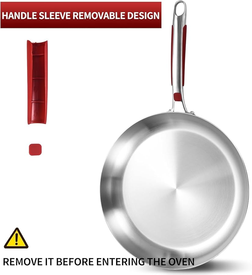 Inqibee 12 Inch Tri-Ply Stainless Steel Frying Pan with Lid, Skillet, Induction Cooking Pan, Dishwasher Safe, Detachable Large Handle - image 5
