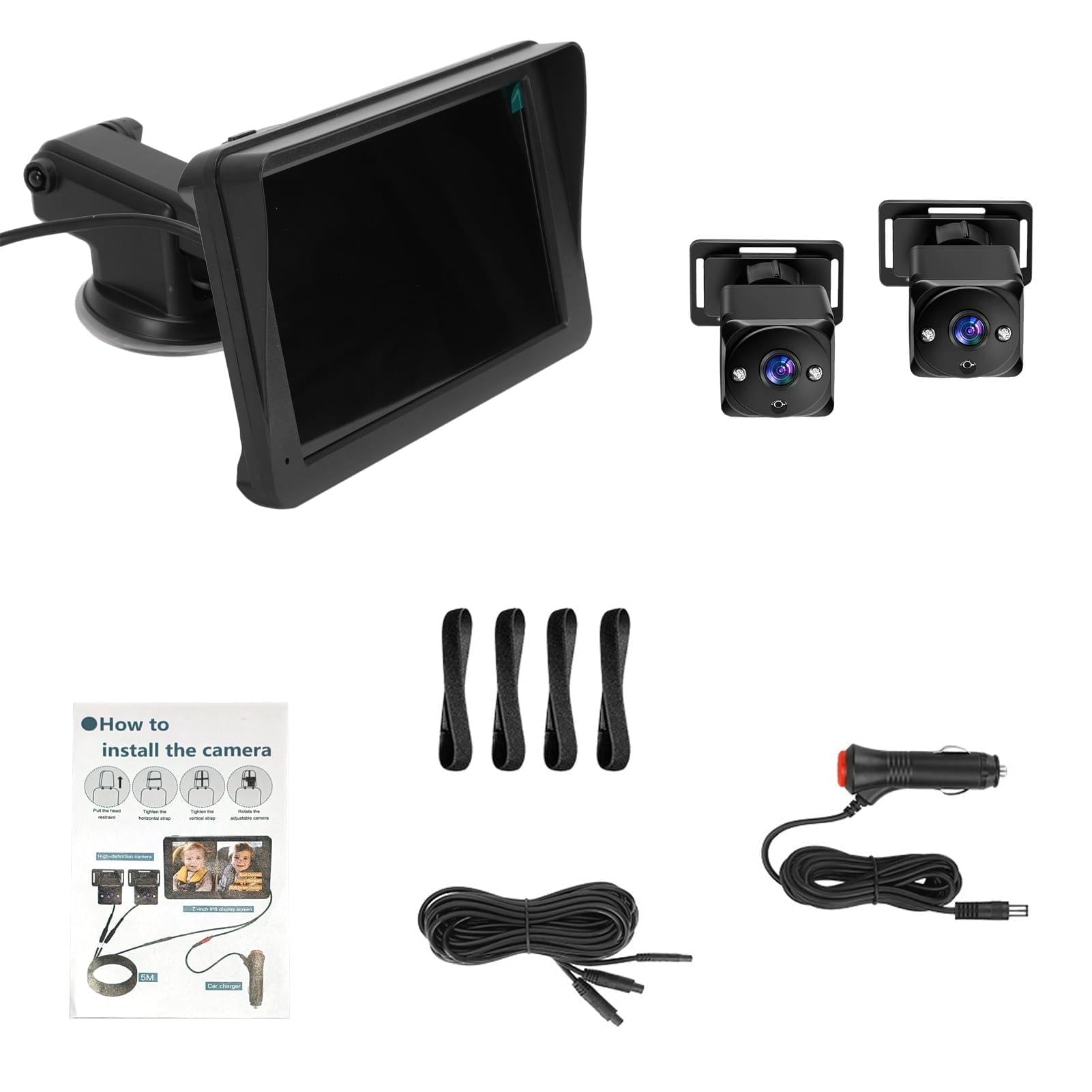 7 inch baby car monitor with camera, dual hd 1080p camera for rear facing seat, 150° wide angle view, 360° rotation, night vision, with