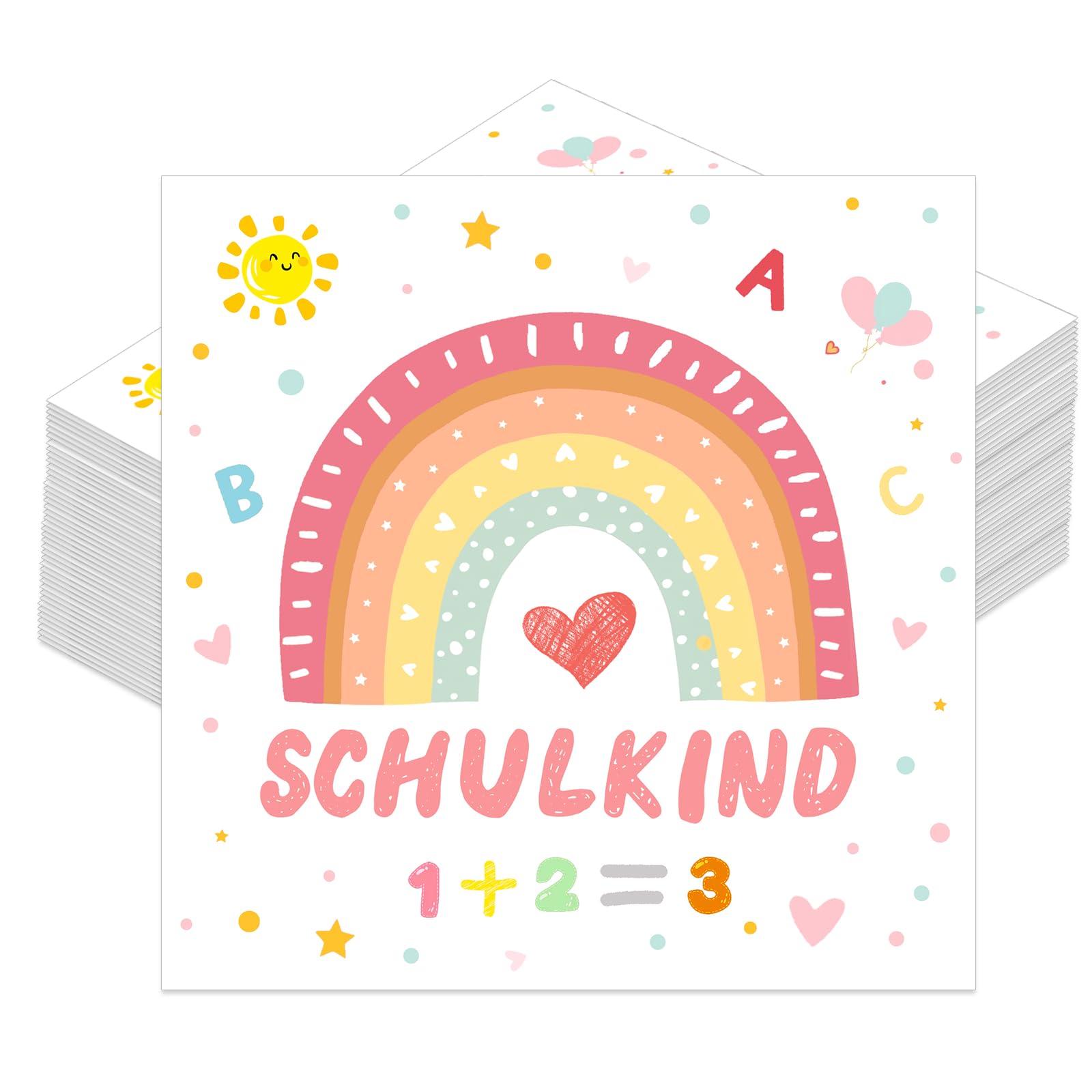 Schuleinführung Schulanfang Einschulung Deko mit Schulkind Bunten ABC Zuckertüte 1 + 2 = 3 Tafel Rucksack Motiv