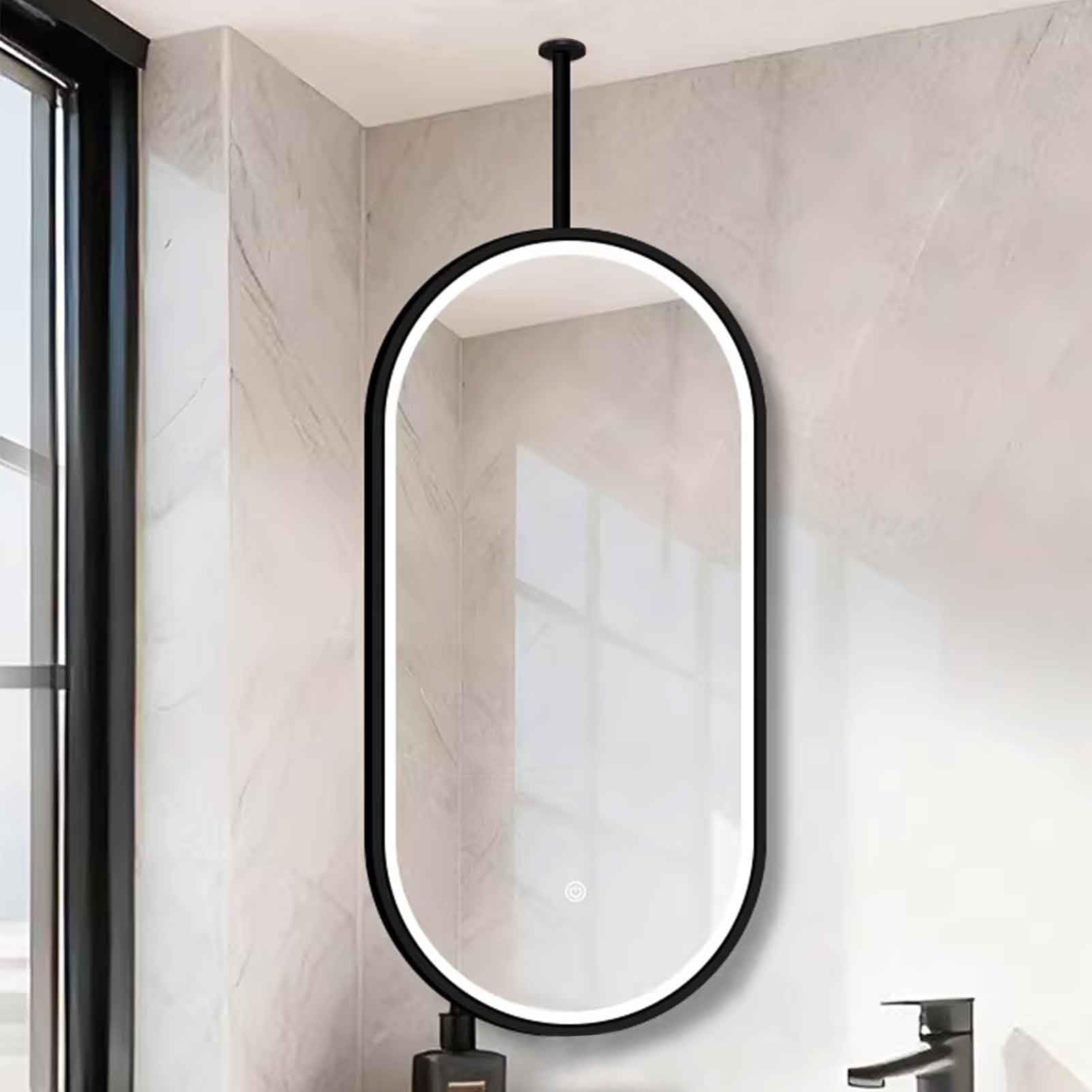 FGXHHS Black Metal Frame Oval LED Bathroom Vanity Mirror Ceiling Rod Large Touch Dimmable for Makeup Shower Shaving - 3 Color Lighting(40cmx80cm)