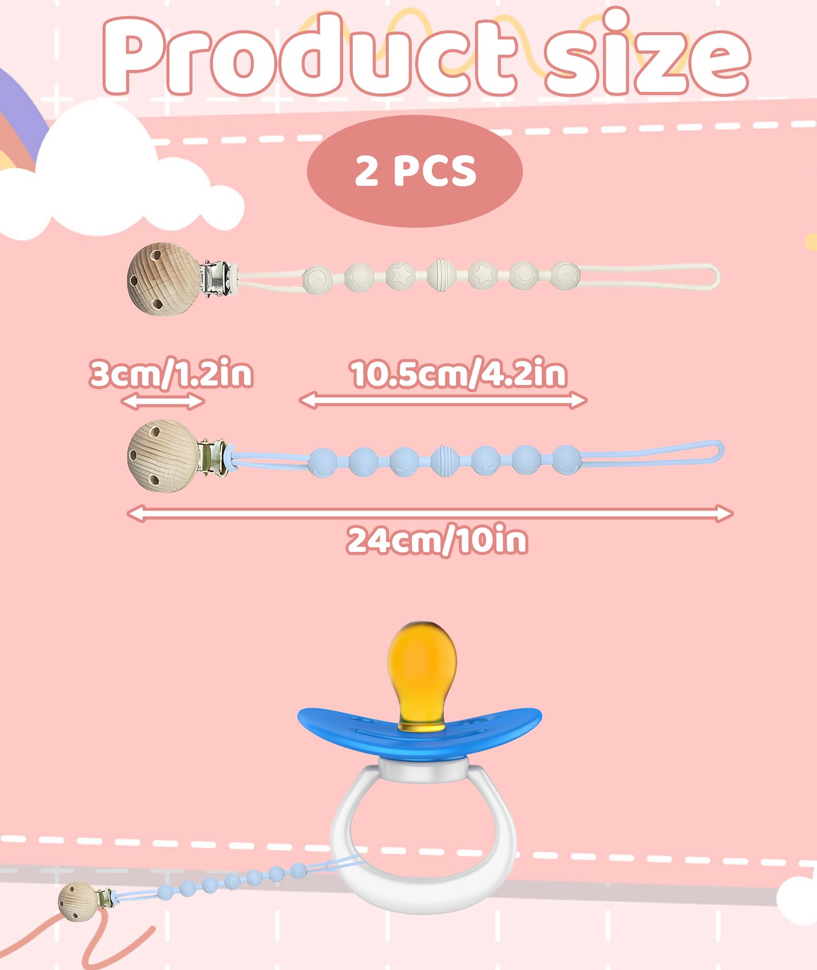 2PCS Pacifier Chain, Pacifier Holder Chain for Baby, White + Blue Wooden Clip Silicone Teether, Secure Attachment for Newborns & Toddlers, Convenient for Home & Outdoor Use - Image 2 thumbnail