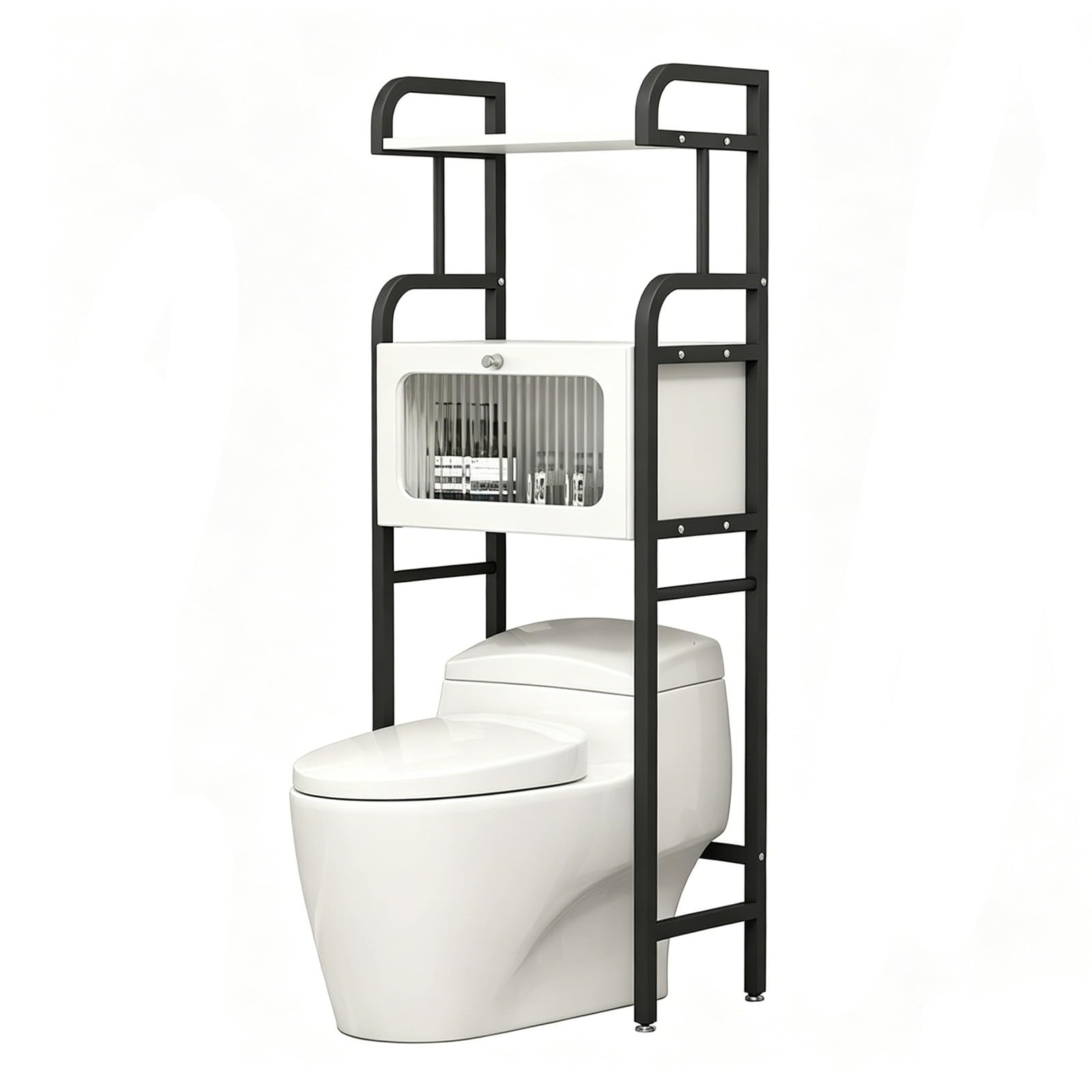 Freestanding Over The Toilet Storage Rack,3-Tier Bathroom Organizer, No Drilling Metal Shelf, Rustproof Space Saver(3-Tier Black+White 21.7x11.8x66.1in)