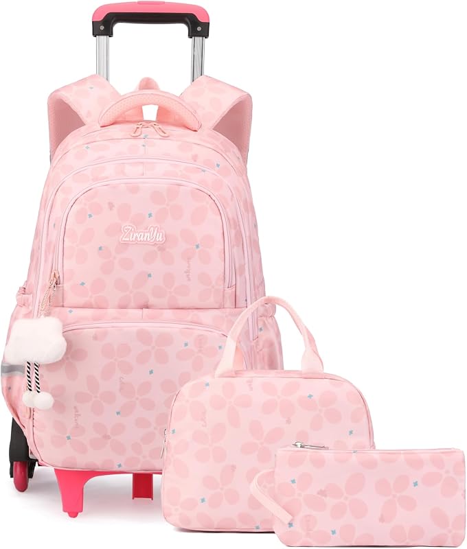 3Pcs Kids Rolling Backpack for Girls with Lunch Bag, Lucky Leaf School Bag Girls Roller Backpack with 6 Wheels, Pink