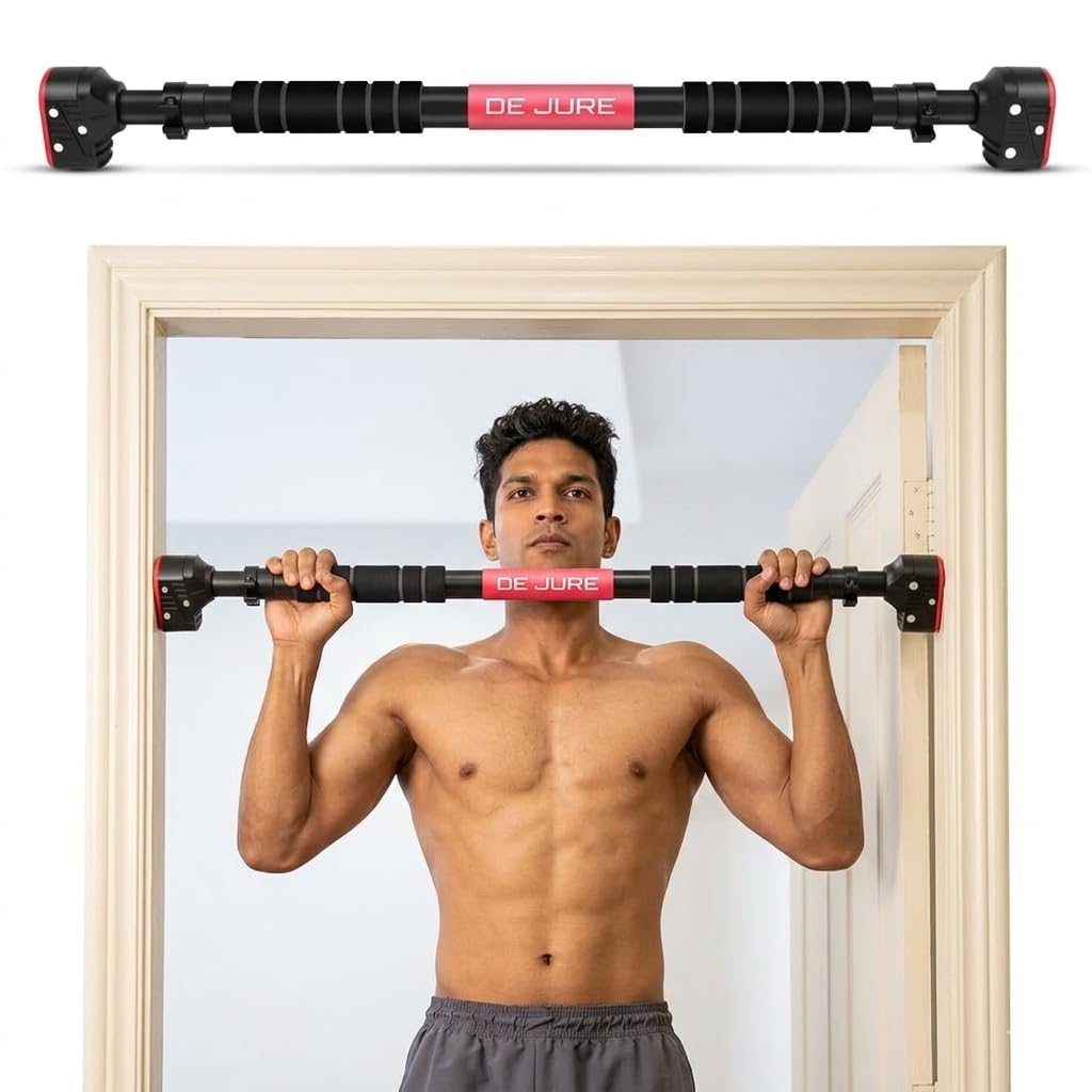 De Jure Fitness Door Pull Up Bar for Home Workout | Adjustable Upper Body Exercise Bar for Door Frame | Heavy Duty No Screw Training Bar for Pull Ups, Chin Ups, Core & Strength Training (Black & Red)-image-26