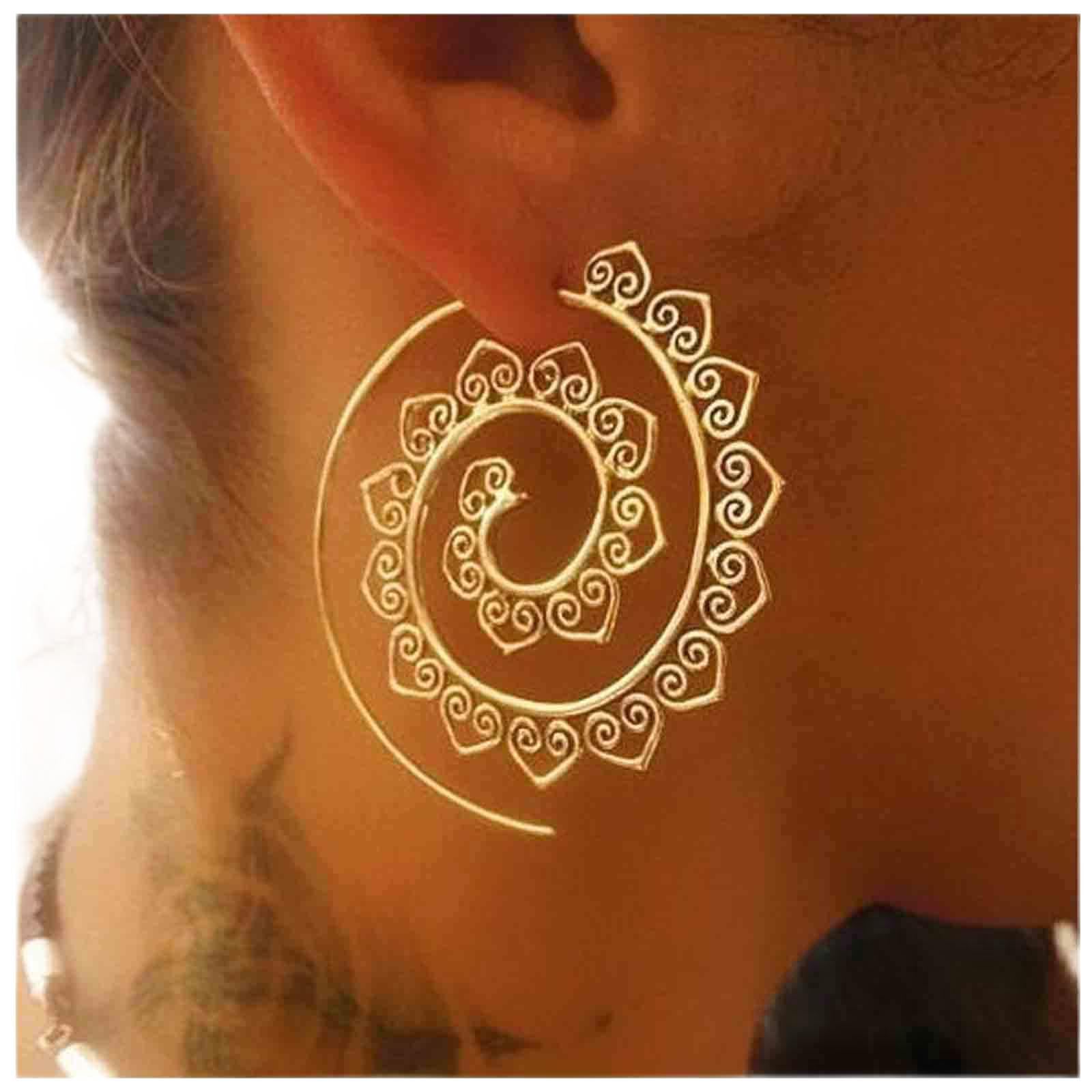 Bohemia Mandala Spiral Earrings Gold Vortex Gear Earrings Exaggerated Hoop Earrings Large Circular Swirl Earrings Indian Tribal Earrings Jewelry for Women and Girls