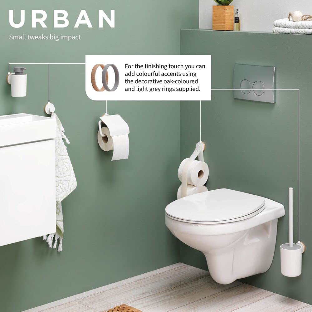 Tiger Urban Toilettenbürste, WC-Bürste mit Halter zur Wandbefestigung, mit austauschbaren Dekor-Ringen zur individuellen Gestaltung, hygienischer Deckel integriert, Farbe: Weiß
