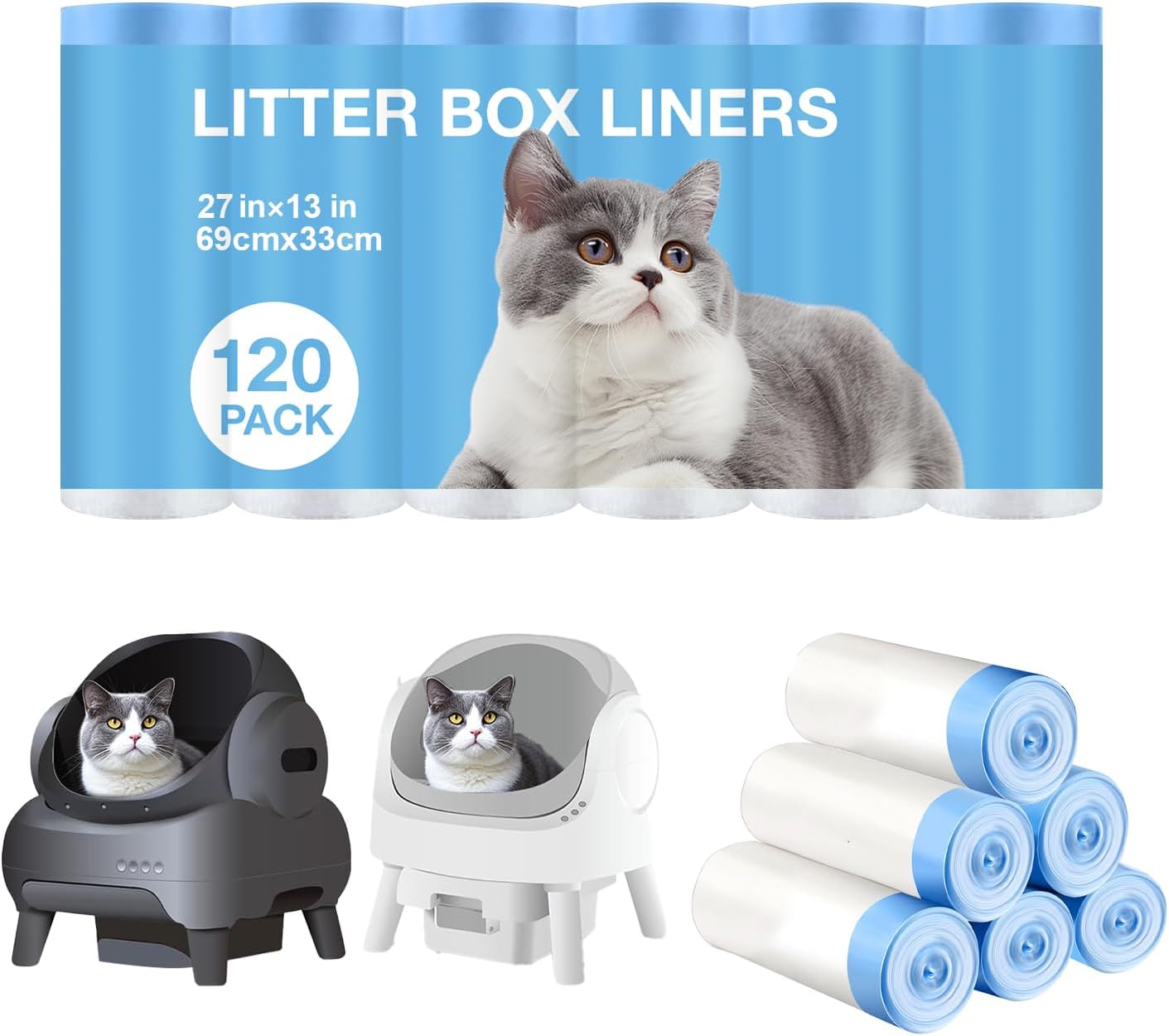 Thicken Cat Litter Bags 120 Pack, cat litter box liners, Leakproof Poop Bags & Waste Bags - Ultimate Odor Control and Leakproof Design,6 Rolls Drawstring Trash Bags for Automatic Litte(27x13 inches）