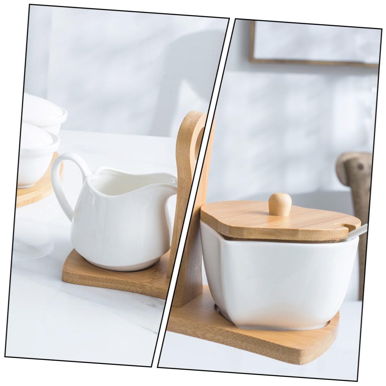 Pot à Lait Et Sucrier Céramique Avec Plateau Et Cuillère Poignée Bois Compatible Four Micro-ondes Et Rangement Service