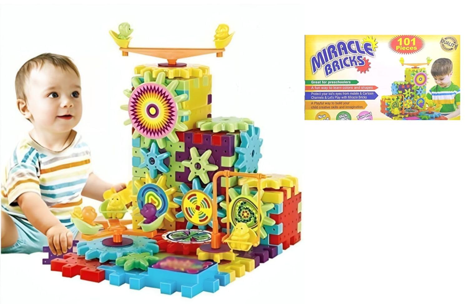 Battery Operated 101pcs Rotating Building Blocks with Gears for STEM Learning, Educational Toys for Girls and Boys, Miracle Bricks Motorized Spinning Talent Puzzle(101 Pieces)