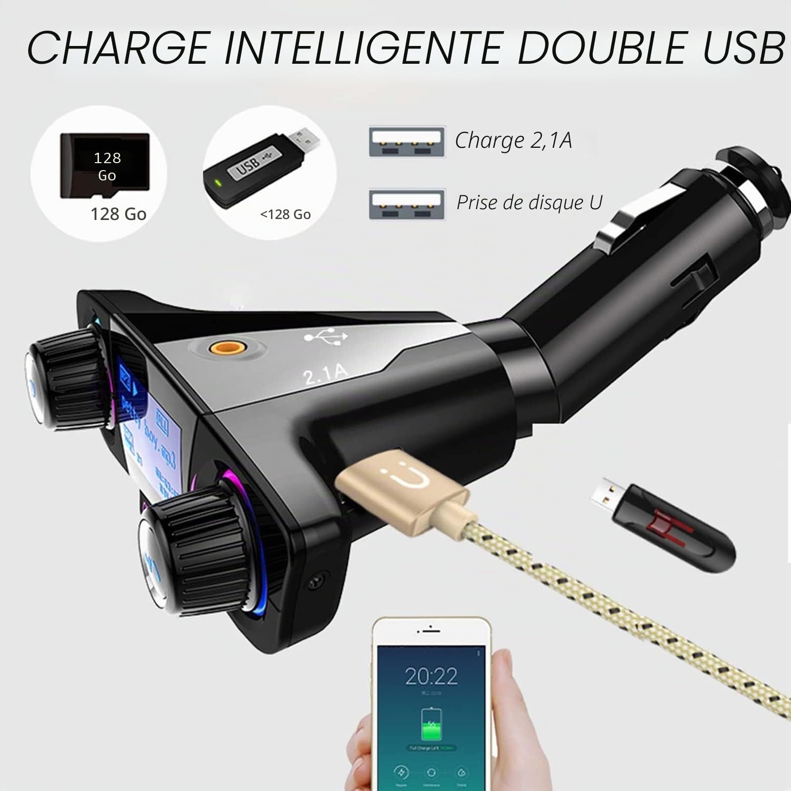 Bluetooth transmetteur FM de Voiture Lecteur MP3 kit Voiture Mains Libres de Radio sans Fil Adaptateur Audio avec Double USB, U Disque, Carte TF