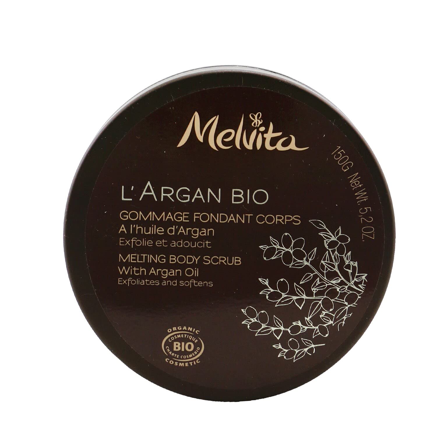 Melvita - Exfoliante corporal Argan Bio - Exfolia suavemente - Elimina la piel muerta y las impurezas - 99% Natural - Certificado Bio - Fórmula vegana - Elaborado en Francia - Tarro de 150g