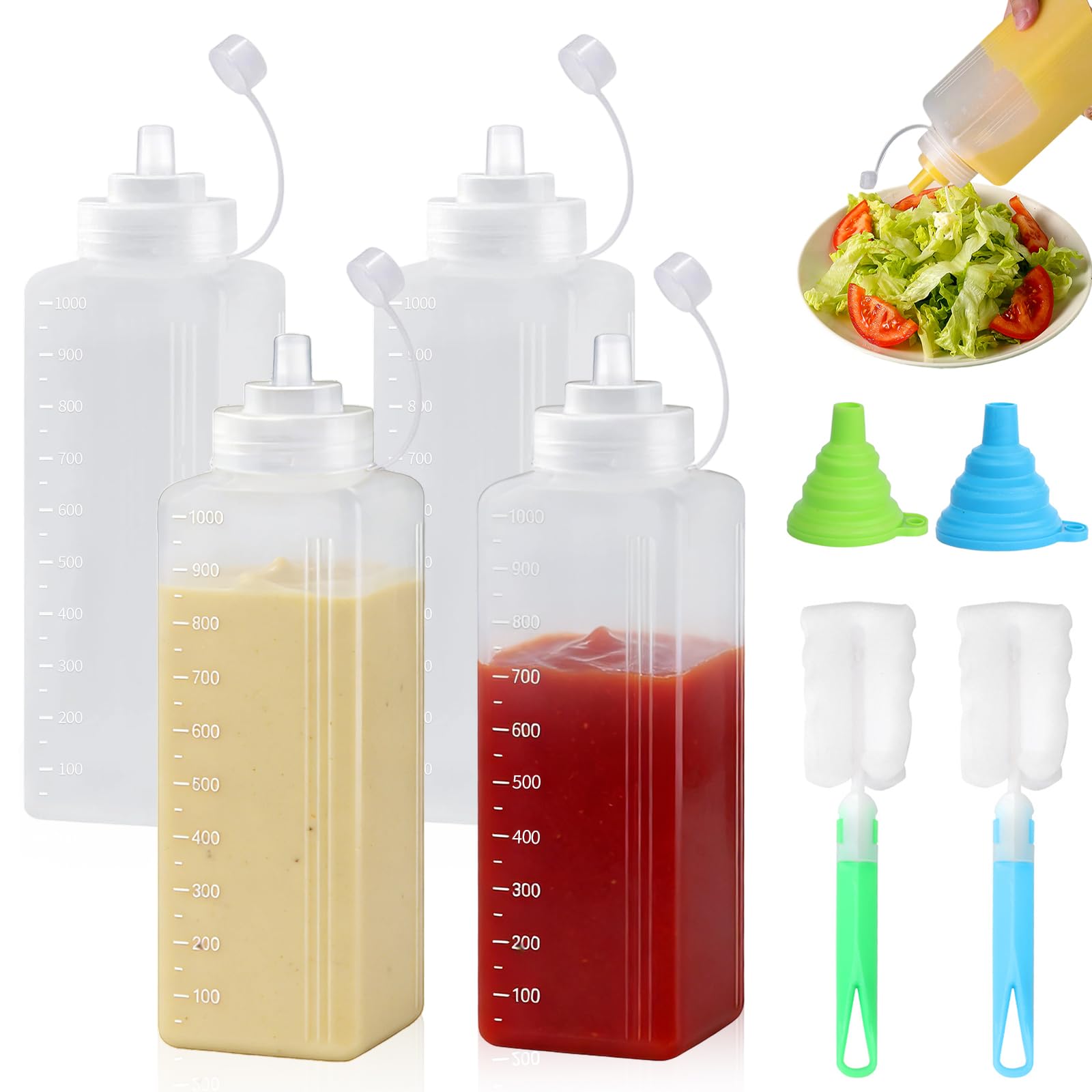 6 butelek wyciskających, szerokie usta, 1000 ml, butelka sosu z 2 szczotkami do butelek i 2 lejkami, butelka dozująca do keczupu, gorących sosów, grillowania, sosów sałatkowych, oleju