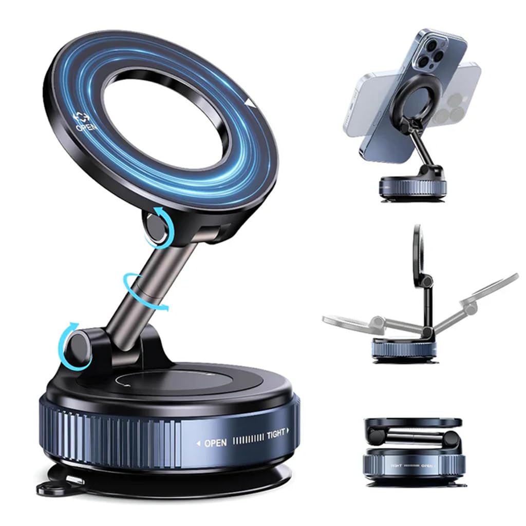 TECPHILE Magnetic Mobile Phone Holder for Car with 360° Rotatable and Foldable Metal Cell Phone Holder, Strong Grip Vacuum Seal, Car Mount Compatible with iPhone & Android Phones
