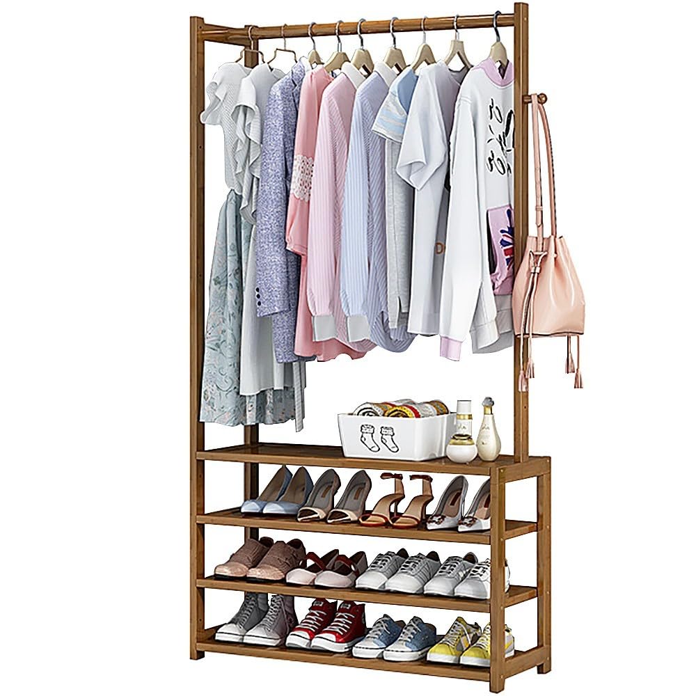 Aycdl Walnut Color Bamboo Clothes Rail With 4 Tier Storage Shelves And Hanging Rod Garment Rack For Living Room Entryway Bathroom And Office,-80X25x155cm
