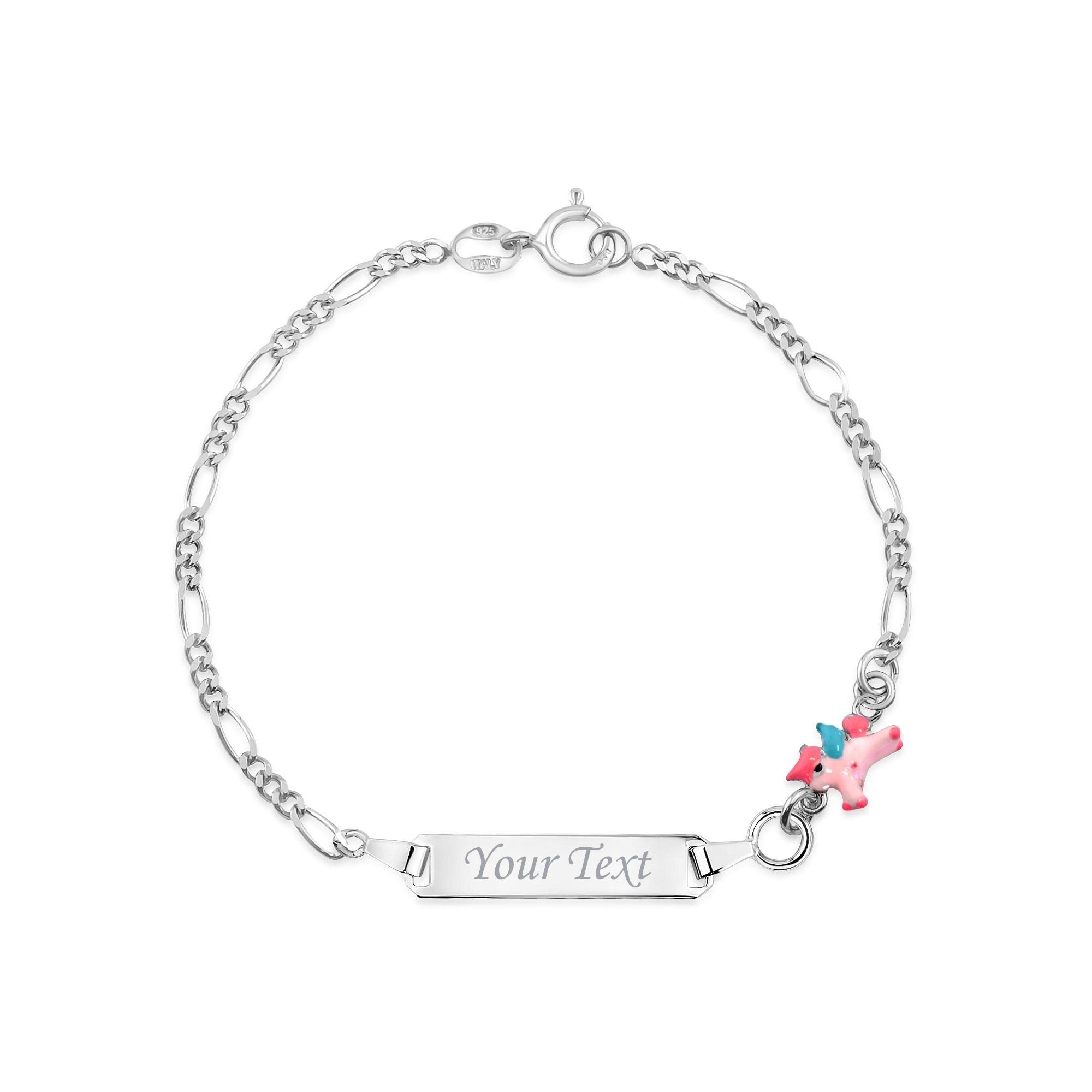 UNICORNJ 925 Italy Sterling Silver Child or Baby Name Bracelet Girls Boys, Personalized Engraved Kids ID Bracelets, 6.5" Figaro Chain, Enamel Charm Newborn Infant Toddler Kid Jewelry