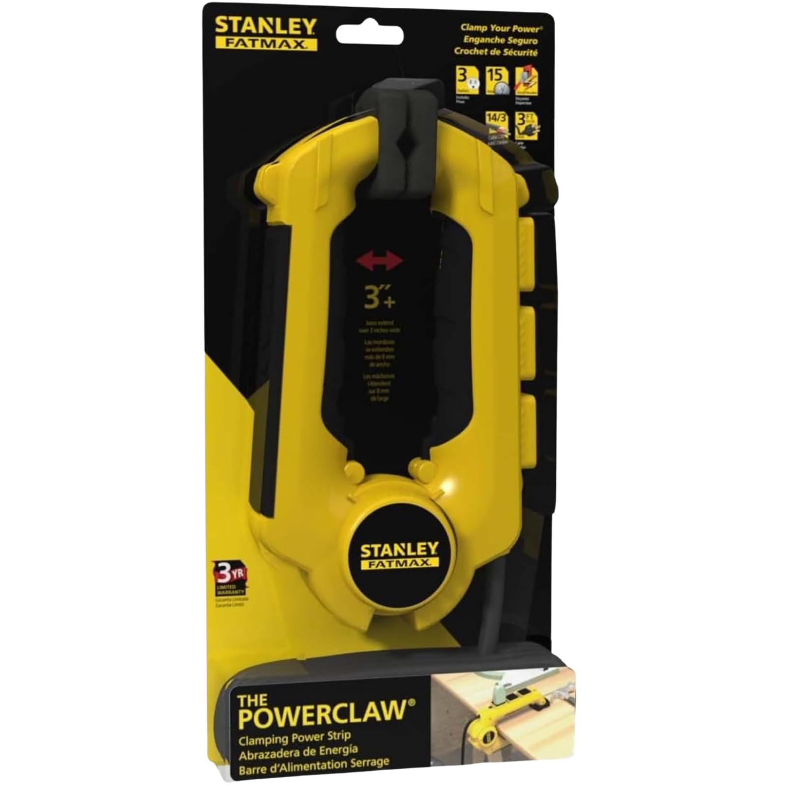 STANLEY Fatmax Power Claw 3 Grounded Outlets 125V 15A 1875W Circuit Breaker Power Strip Clamp with Pivoting Rubberized