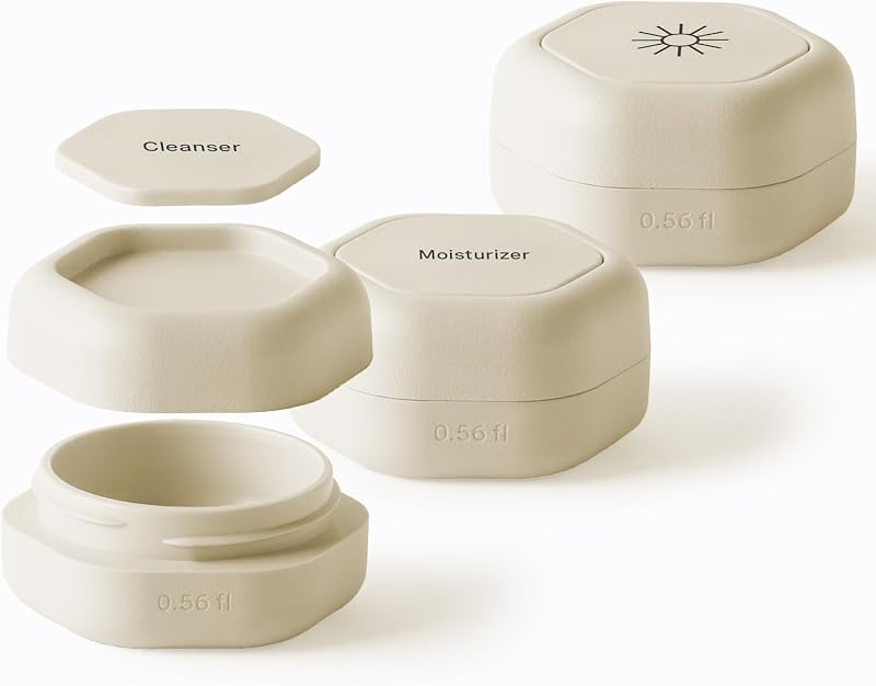 Cadence Capsules - Set básico para el cuidado de la piel, arena - Tres recipientes pequeños con tapas magnéticas - 100% a prueba de fugas y aprobado por la TSA para viajar y llevar, minimalista y apilable (0,56 oz cada uno)