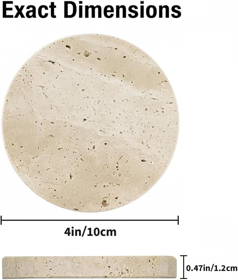 Beige Travertine Coasters Set of 4, Non-Slip Cork Backing, Natural Stone Coaster for Drinks, Anti-Slip Round Artisanal Travertine Coaster for Kitchen Counter and Coffee Table (Round)