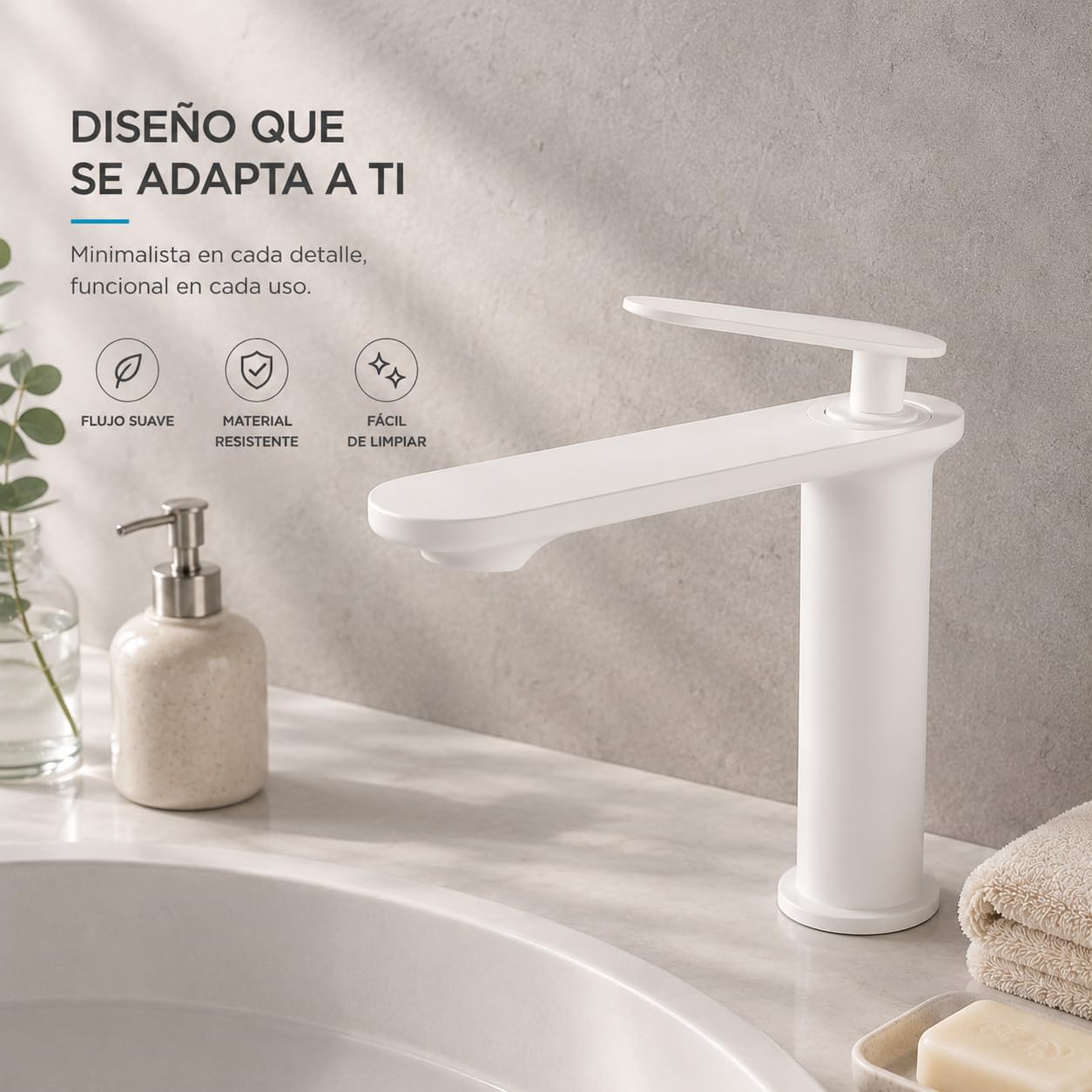 Grifo de Lavabo Blanco Satinado de Acero Inoxidable 304, Diseño Minimalista, Monomando Moderno para Baño, Fácil de Instalar