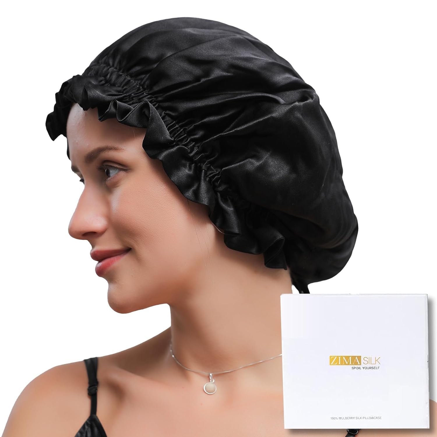 ZIMASILK 100% Mulberry Silk Bonnet for Women Hair Care Double-Layer Silk Shower Cap