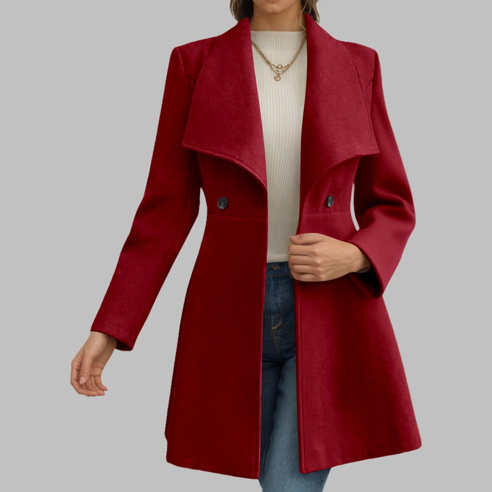 Generisch Manteau long pour femme en mélange de laine pour l'hiver avec col à revers, ceinture à la taille et doublure intérieure entièrement doublée, trench élégant en coupe grande taille