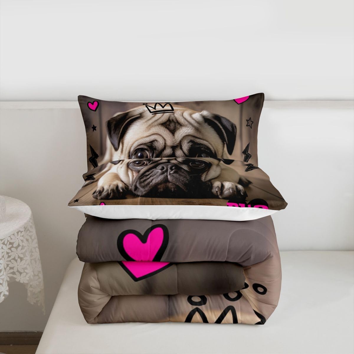 Manfei 3D Pug Comforter Set Full Size Cute Pug Puppy Dog Bedding Set 3pcs for Kids Boys Girls Room Decor, Animal Theme Quilt Set Pink Hearts Lightning Star Print Duvet Set with 2 Pillowcases