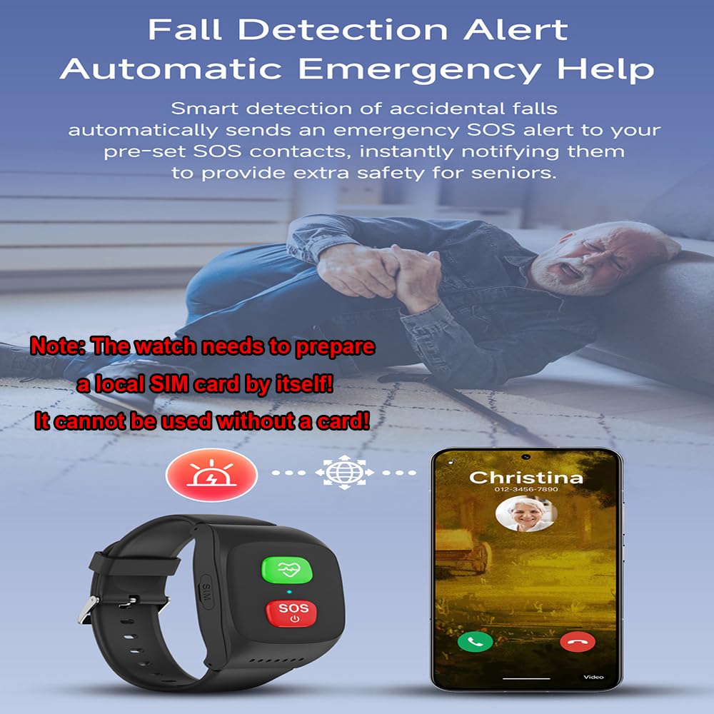 Reloj Detector De Caídas para Personas Mayores,con Detección De Caídas,Posicionamiento GPS,Chat De Voz Instantáneo,Función De Llamada Sos,Seguimiento De Actividad Y Monitoreo De Salud