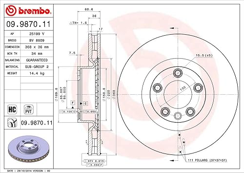 Miniatura 2 de Brembo 09.9870.11 Pilar recubierto ULTRAVIOLETA ventiló el rotor del freno delantero PORSCHE/VW OE# 95535140300