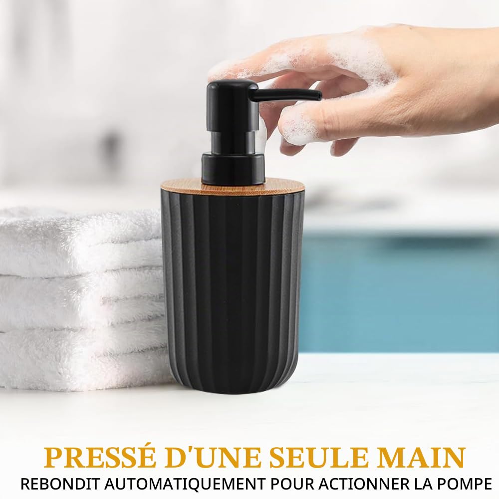 Lot de 5 accessoires de salle de bain en plastique noir incluant distributeur de savon, porte-brosse à dents, tasse et porte-savon